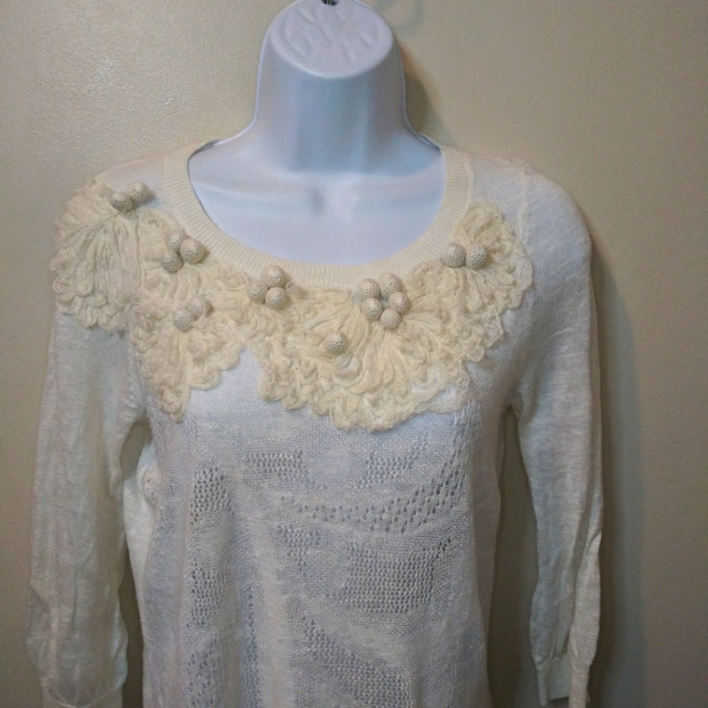 Anthropologie Floreat Ivory Cottagecore Style Crocheted Linen Blend Sweater - Picture 2 of 10